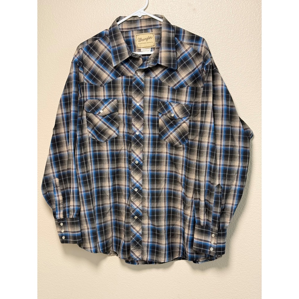 Wrangler Western Shirts Mens Large Blue Black Plaid Pearl Snap Long Sleeve Yoke